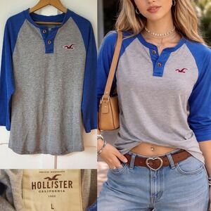 Hollister Y2K Raglan Henley Shirt Blue Grey Long Sleeve Size L